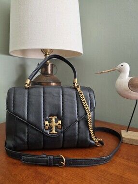 Tory Burch Mini Kira Top Handle Black Napa Leather Quilted Crossbody Bag
